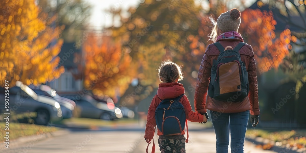 Wall mural mom walking kid to school - first day of school