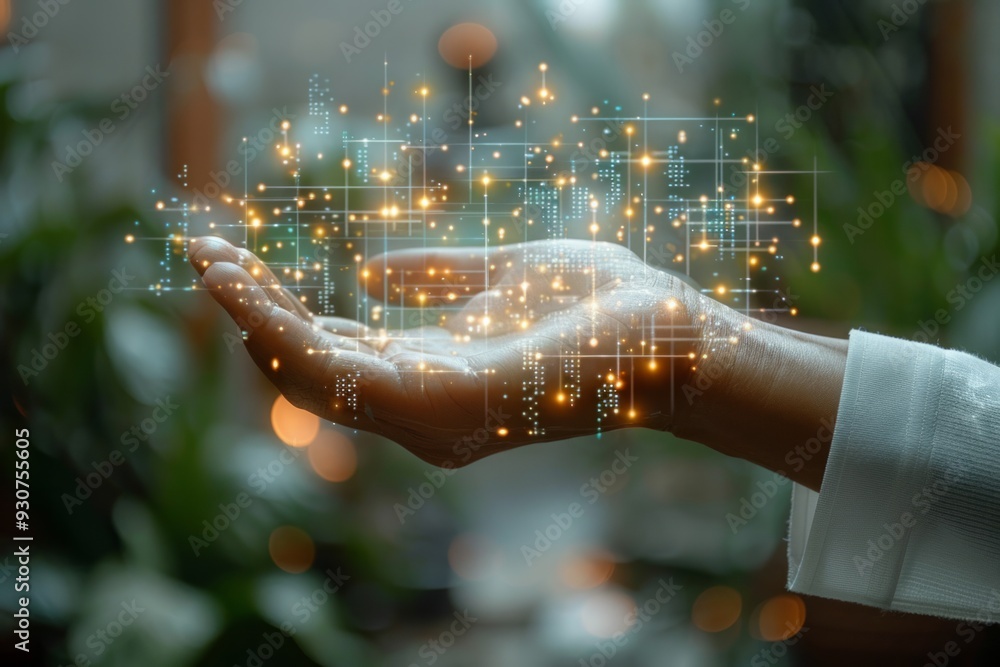 Aufkleber hand holding a glowing digital network of abstract data and connections in a futuristic technology c