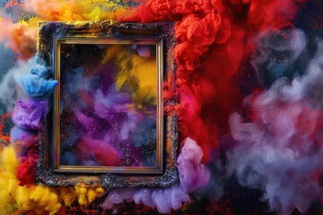 Bright splashes of paint on a black background with a frame and a cloud of colored dust.