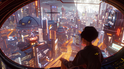 view of a future city from inside a tall glass building