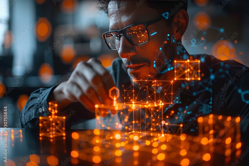 Aufkleber man working with glowing digital structures, focusing on futuristic holographic technology and virtu