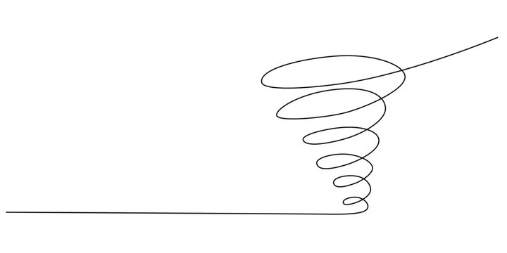Storm with tornado - hand drawing one single continuous line banner. Vector stock illustration isolated on white background for design template weather forecast, travel blog. Editable stroke.