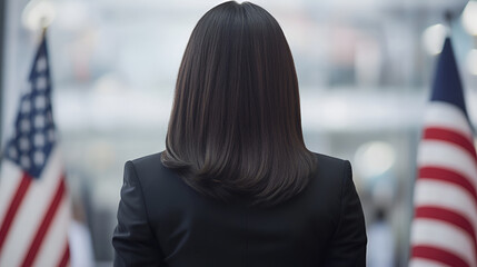 Businesswoman with American Flag Viewing Earth from Space