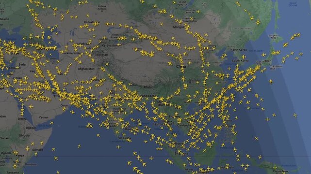 Flight tracking on the map. Aircraft movement. Flight routes. Earth surface. China region. Yellow icons. Air transport. Travel. Asian region countries.