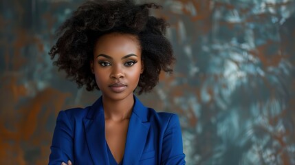 Naklejka premium Portrait of a beautiful black business woman posing in a blue suit 