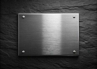 Shiny silver metal logo plaque with embossed modern typography and minimalist design, mounted on a sleek black stone background with subtle shadows.