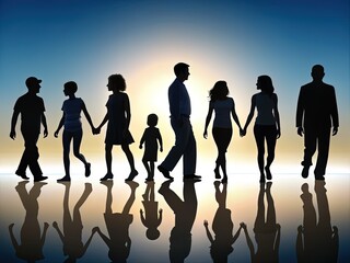 Fototapeta premium Silhouetted figures of various ages and body types walk together in a row, facing away from the camera, conveying a sense of community and unity.