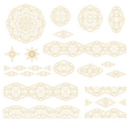 Fototapeta premium Ornamental golden laced vector floral compositions, border ornaments, flourish vignettes, rosette, mandala on white background