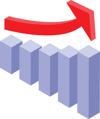 Red arrow pointing up over a growing bar chart in this isometric illustration