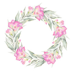 Pink flowers, buds and leaves. Wreath of Garden flowers. Isolated hand drawn watercolor round frame. Summer floral design for wedding invitations, postcards, packaging of goods, mother's day cards