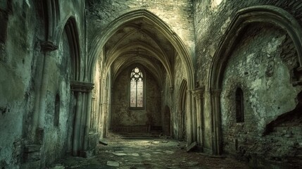 Naklejka premium Decayed Old Cathedral. Ancient Stone Architecture, Church Building with Medieval Arches