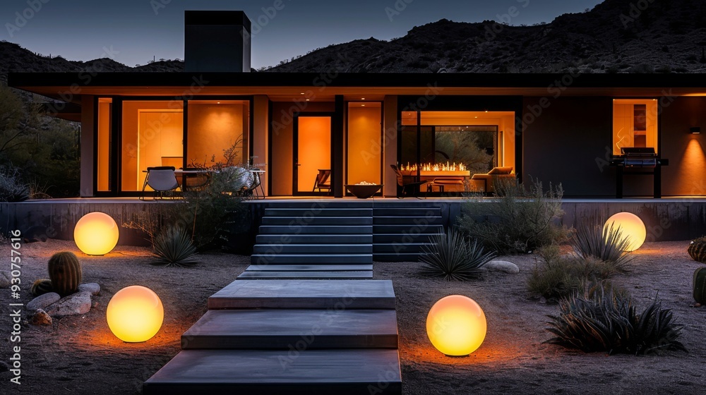 Poster add a touch of sparkle to your modern landscape with illuminated spheres and cubes, creating a moder