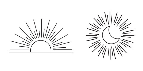 Sun and moon outline icon. Dark and light theme for app concept. Web ui sign. Moonlight and sunlight symbol. Simple flat design.