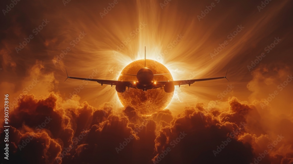 Aufkleber an airplane flying in front of the total solar eclipse with the wake of the engine