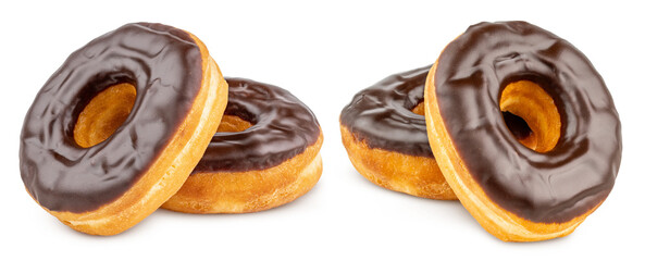 Donut or Doughnut. Two Donuts or Doughnuts with chocolate brown glazed cream or icing without sprinkles. Dessert on birthday, holiday party. Advertising coffee shop, bakery, cafe. American style Donut