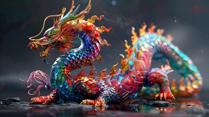 Fototapeta premium Zodiac signs for dragon made of coloured metal squares in 3D.