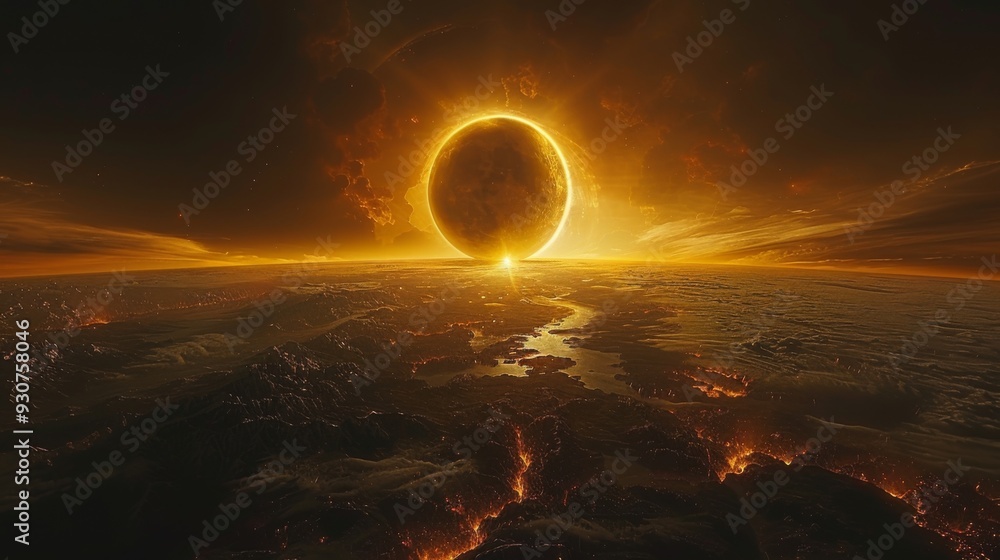 Poster an awe-inspiring view of the shadow cone of the solar eclipse descending upon the earth, enveloping 