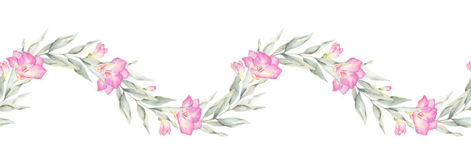 Freesia flowers, buds and leaves. Isolated hand drawn watercolor seamless border of pink wildflowers. Summer floral banner for wedding invitations, cards, packaging of goods