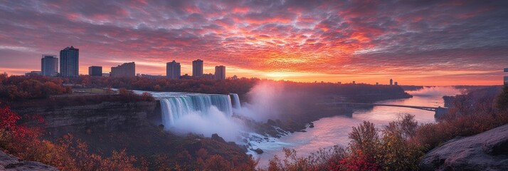 Niagara Falls Skyline at Sunset in November, American Side with River Reflections