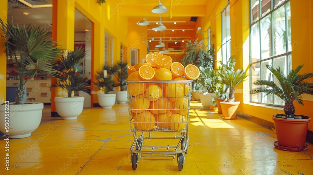 Aufkleber an imaginative visualization of a shopping cart brimming with an array of groceries and food items, 