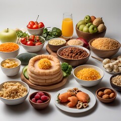 Food day decoration of meal, vegetables and fruits. Creative concept for healthy foods, fresh vegetables, fruit, with plate, food day celebration with attractive healthy food in white background