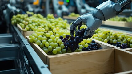 Robotic hand pick the grape in wooden box, high tech line operation factory.