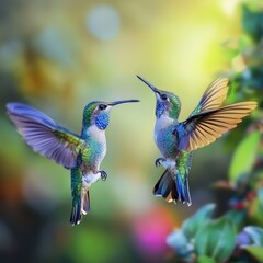 Fototapeta premium Arguing Vertical. Two Beautiful Hummingbirds in the Appalachian Mountains of Canada