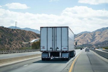 Back Of Semi Truck. Professional Truck and Trailer Turning on California Interstate Highway