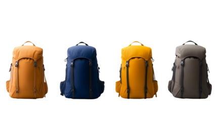 set of camping backpacks on transparent background, travel world adventures journey concept