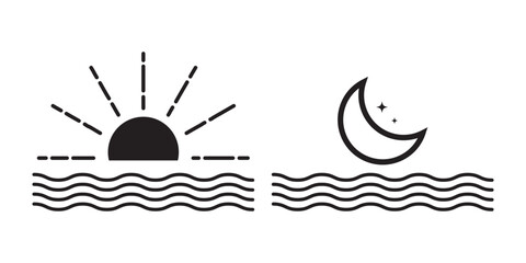 Set of time of the day icons. Sunset, sun, moon icons. Vector illustration