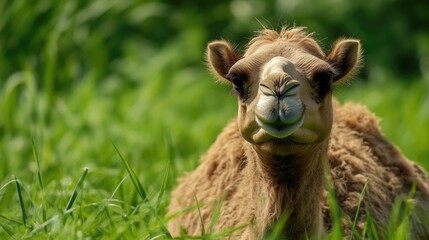 Fototapeta premium Camel Hump Day. Bactrian Camel Standing on Green Grass in Wild Desert Landscape