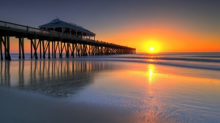 Obraz premium Charleston Beach Sunrise. Folly Beach Pier on the Atlantic Coastline