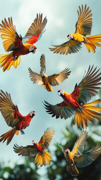 P&aacute;jaros papagayos multicolores volando sobre el cielo, concepto caribe&ntilde;o de libertad y color.
