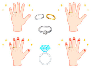 Fototapeta premium 美しい結婚指輪をつけた手と指輪のイラスト素材セット