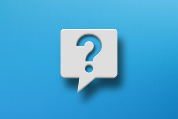 Question mark with speech bubble on blue background