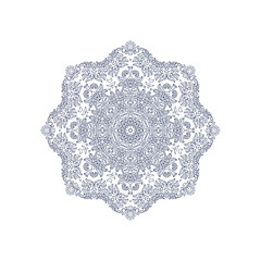 Ornamental golden seleste laced vector floral composition, flourish vignette, rosette, mandala on white background