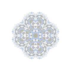 Ornamental golden seleste laced vector floral composition, flourish vignette, rosette, mandala on white background