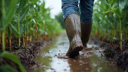  farmer wearing rain boots walks through the mud in his cornfield