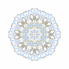 Ornamental golden seleste laced vector floral composition, flourish vignette, rosette, mandala on white background