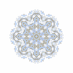 Ornamental golden seleste laced vector floral composition, flourish vignette, rosette, mandala on white background