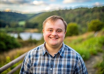 Smiling young adult with Down syndrome embracing life, posing outdoors with scenic natural background, conveying joy, acceptance, and inclusive beauty.