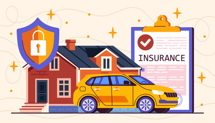 Naklejka premium Home and car insurance. Financial deal and agreement. Protection of real estate and private property. Assurance and reliability. Flat vector illustration isolated on beige background