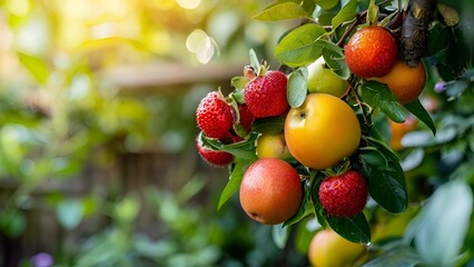 Obraz premium Sunlight streams through the branches, highlighting vibrant fruit on a tree.