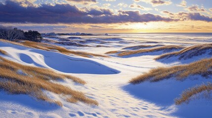 Snow Golf Course. Winter Golfing with a Spectacular Coastal View in Cape Cod, Massachusetts