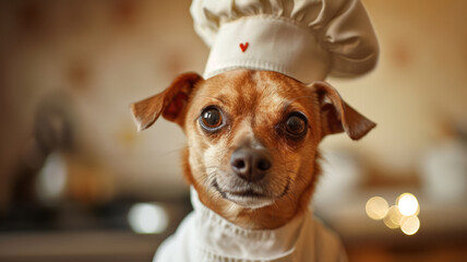 Adorable chihuahua wearing a chef's hat and costume in a kitchen.