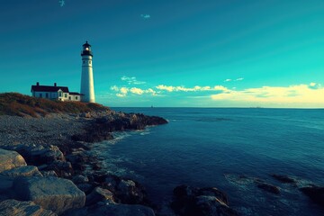 Fototapeta premium Boston Lighthouse. Beacon of Light on the Boston Coastline with Ocean View