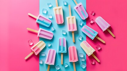 Vibrant and colorful flat lay image featuring popsicle ice cream.