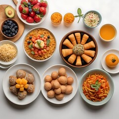 Fototapeta premium Food day decoration of meal, vegetables and fruits. Creative concept for healthy foods, fresh vegetables, fruit, with plate, food day celebration with attractive healthy food in white background