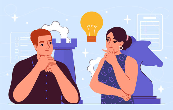 INTJ type people. MBTI personality type. Mental and psychological health. Man and woman with different mindsets and temperaments. Flat vector illustration isolated on blue background