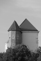 royal castle with tower in sandomierz in poland, black and white photo